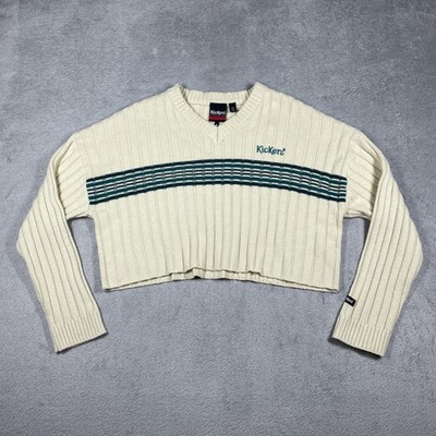 Kickers Sweater Womens M White V-Neck Pullover Striped Embroidered Logo