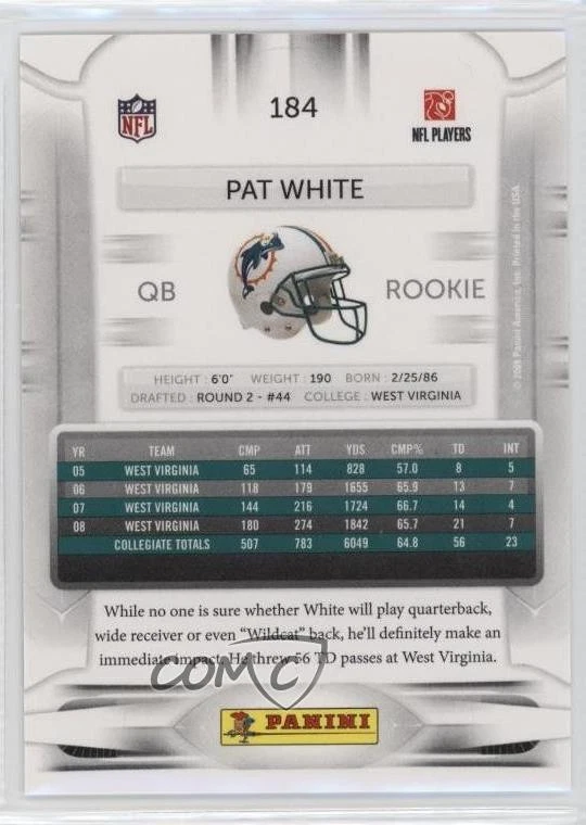2009 Playoff Prestige Rookie Pat White (Blue Jersey) #184 Rookie RC - Image 2 of 2