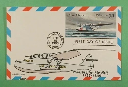 DR WHO 1985 FDC CHINA CLIPPER POSTAL CARD KRIBBS HAND COLORED AIRMAIL R39966