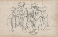 Portrait Of Two Seated Gentlemen - Antique Miniature Pencil Drawing 19th Century