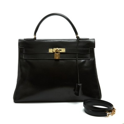 Hermès 1960s Sac Kelly 32 Bandouliere Black Box Leather Hand Bag Strap Hermes