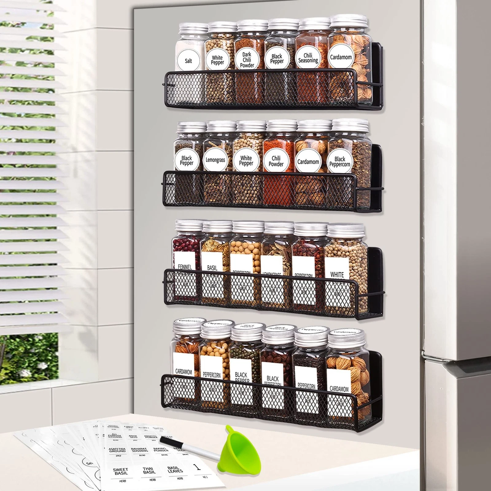 Churboro Magnetic Spice Rack for 4 + 24 Jars, Black
