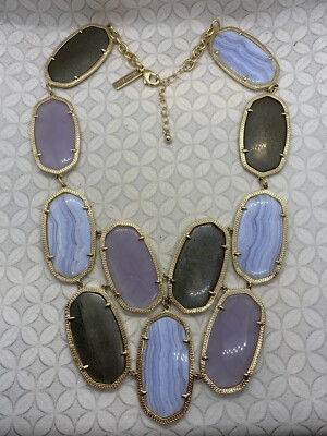 Kendra scott Drea Statement Necklace Gold Tone Pyrite Blue lace agate USED 