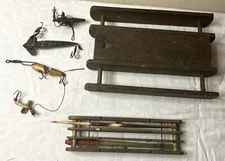 2 x Vintage Wooden Fishing Line Rig Winders. Centre Compartment. Incl Lures.