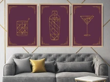 Set of 3 Prints-ART Deco Cocktail Purple Gold Effect Line Print Wall Poster Gift