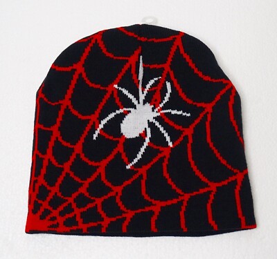 Spider Web Beanie Mens Knit Black Red & White Spider Hat