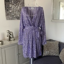 Lilac Sequin V-Neck Fixed Wrap Long Batwing Sleeve Belted Occasion Mini Dress 8