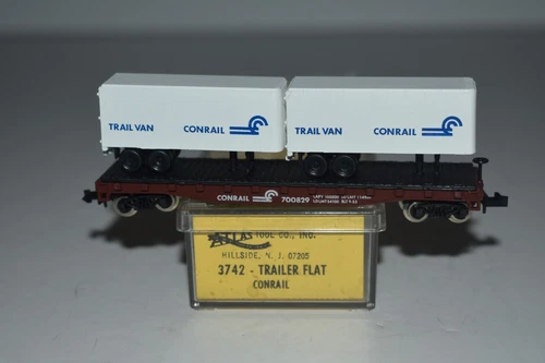 N Scale Atlas 3753 Conrail 50' Flat Car with Trailers 700829 C37428
