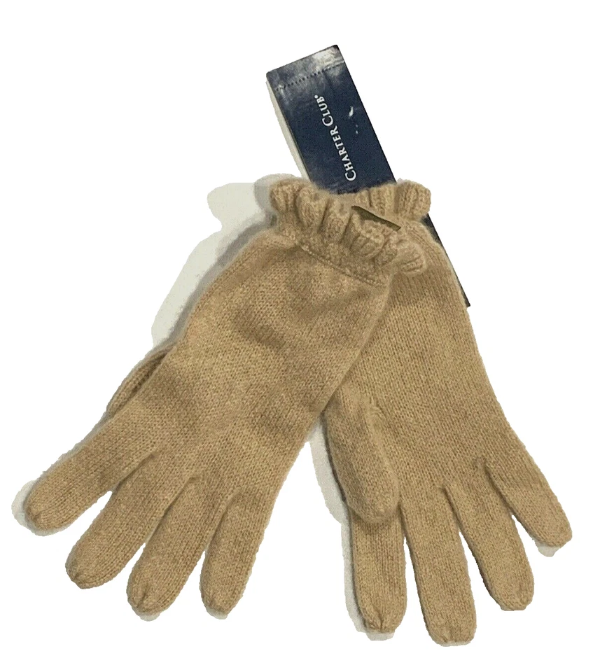 Charter Club 女式 100% 羊绒荷叶边针织手套-骆驼棕褐色-零售价 69.50 美元 — 第 3/4 张图片