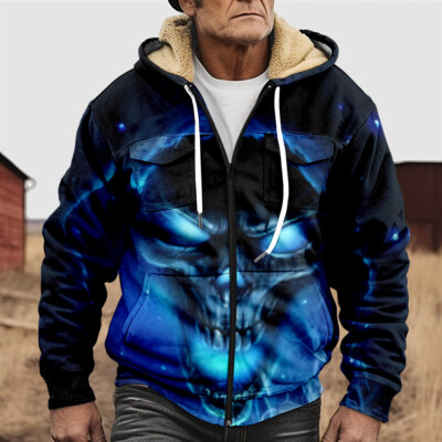Men's Retro Fleece Hoodie Skull Print Blue Zip Jacket Hoody Sweater