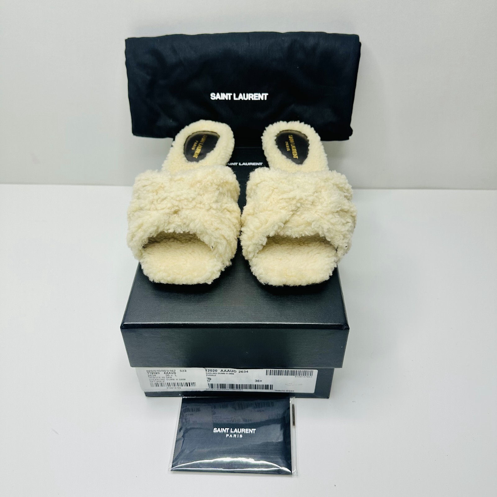 Saint Laurent Tribute 36.5 US 6.5 sandali bassi slip on beige shearling nuovi con scatola