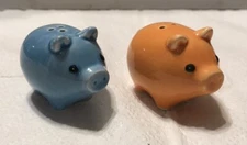 Vtg Mini Porcelain Blue & Orange Pigs Salt & Pepper Shakers - Nice Collectable