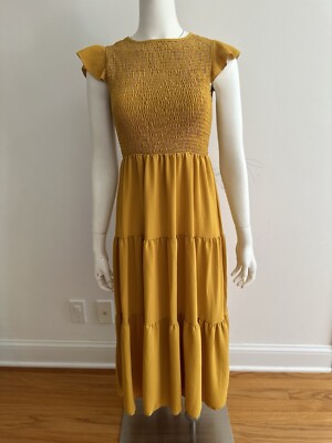 Yellow Mustard Color Retro Summer Midi Dress Women's Size S Cap Sleeves |  eBay