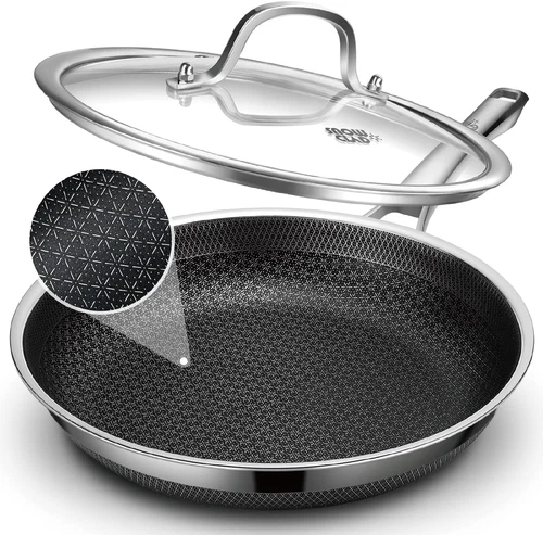 Frying Pan with Lid, 12 Inch Hybrid Non Stick Stainless Steel Skillets, Dishwash