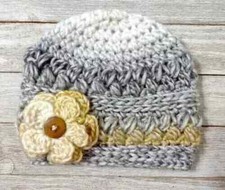 handmade crochet newborn baby flower hat beanie 0/3 months soft gray yellow