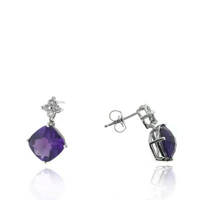 4.70 TCW Natural Cushion Cut Amethyst and Diamond 14K White Gold Earring