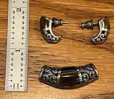 Tiger's Eye Half Hoop Earrings & Matching Bead Slide Open Swirl Pattern Silver