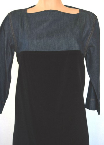 VESTIDO LÁPIZ JERSEY NEGRO TERCIOPELO/AZUL DENIM ALGODÓN MANGAS 3/4 TALLA 44 - Imagen 4 de 11
