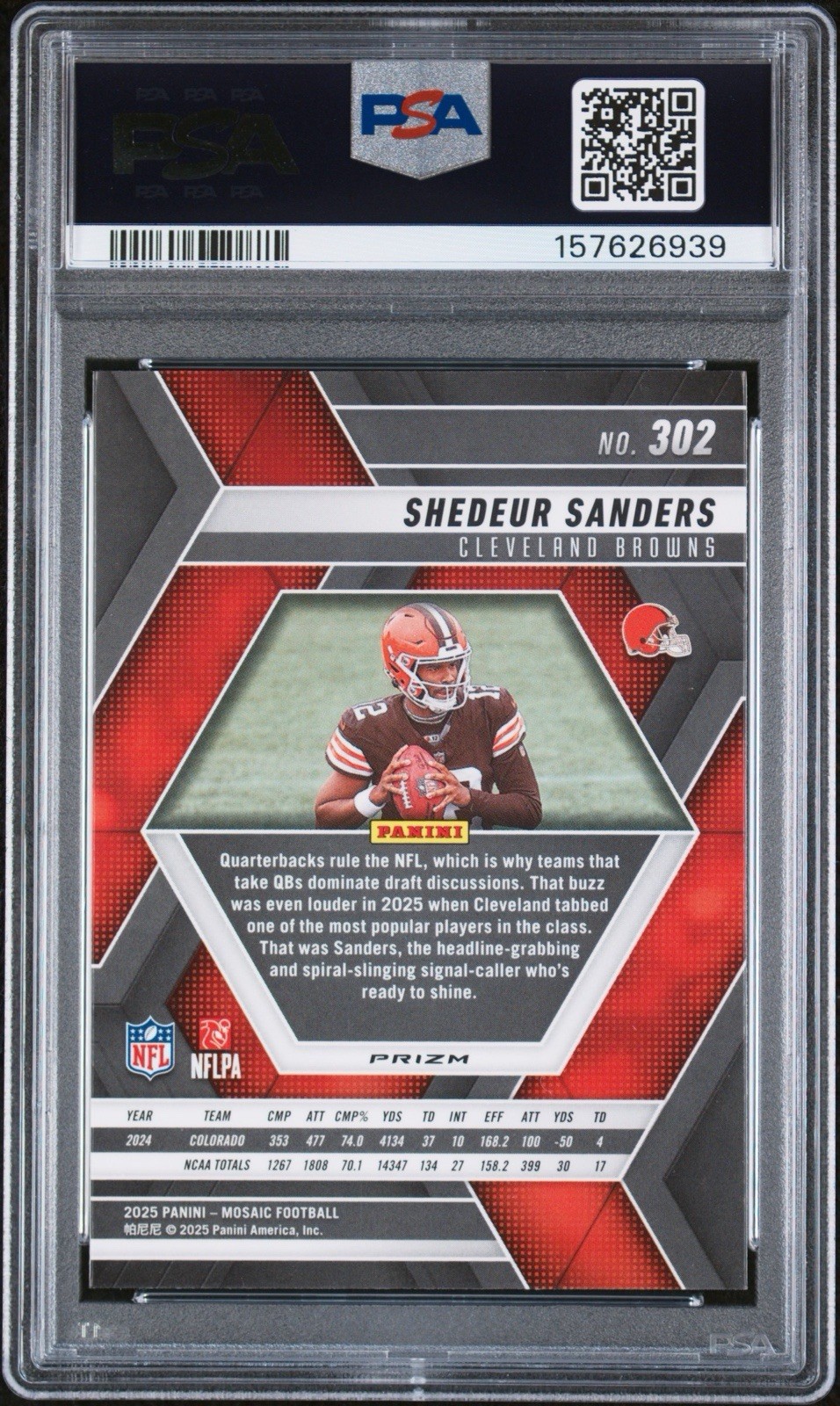 2025 Panini Mosaic Shedeur Sanders #302 Honeycomb Prizm RC PSA 10 view 2