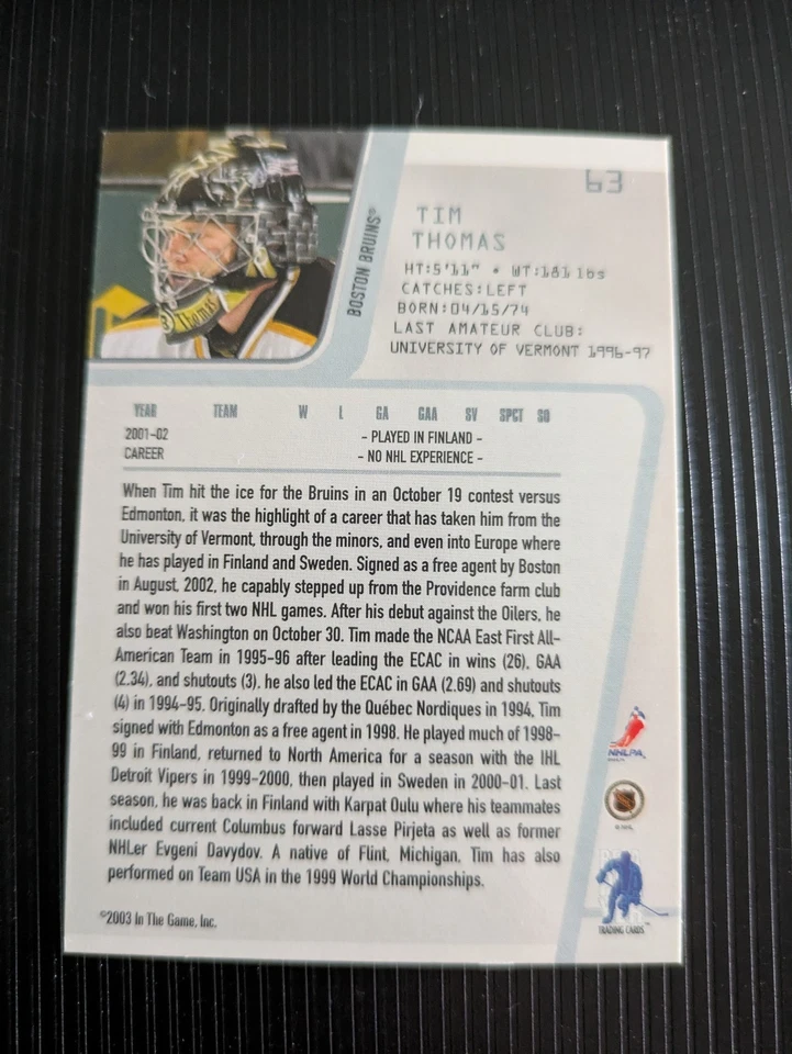 Tim Thomas Rookie Card 2002-03 In the Game Be A Player Between the Pipes #63 - Image 2 of 2