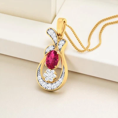 1,20 Cts F/VS1 Runder Brillant Natürliche Diamanten Rubin Halskette 14K Gelbgold - Bild 1 von 4