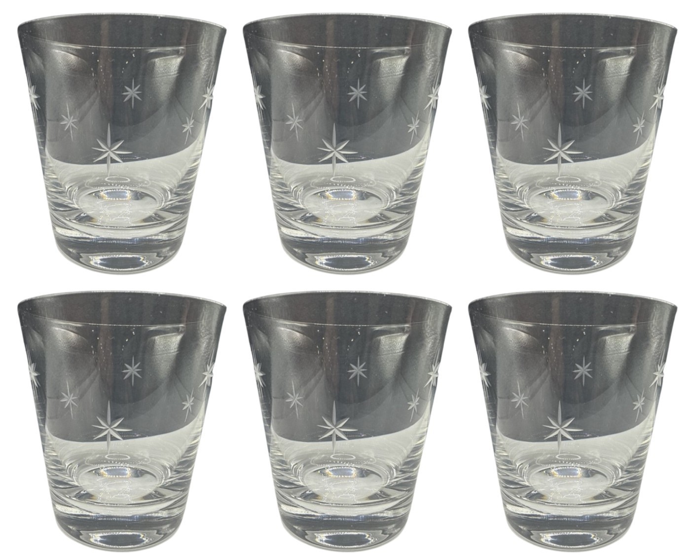 6 RARE Vintage Toyo Sasaki Whisky Sake Glass Star Burst Etched MCM Atomic-image