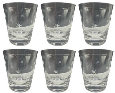 6 RARE Vintage Toyo Sasaki Whisky Sake Glass Star Burst Etched MCM Atomic