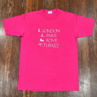 VTG 80 s  London Rome Paris Fallbrook Tourists Famous City T Shirt Pink Men s L