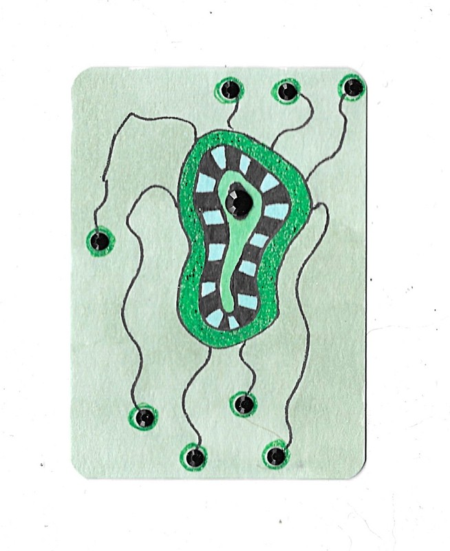 ACEO Art Trading Card ATC Original Mixed Media Abstract Green Glitter Black Gem
