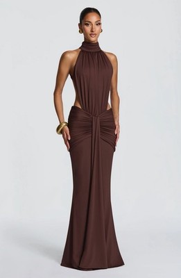 BABYBOO Brown Thelka Maxi Dress High Neck Ruched Backless Sleeveless Size L