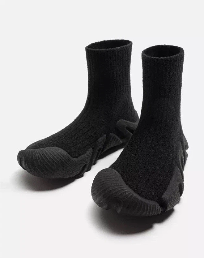 ZARA Men Sock Style High Top Sneakers - Black Knit Chunky Sole NWT Size 12/45