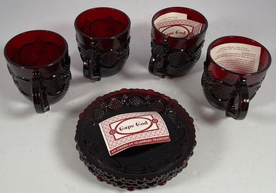 Vintage Avon 1876 Cape Cod Collection Classic Ruby Red 4-Cups & Saucers