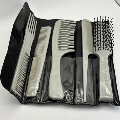 Vtg Burmax 6 pack Wide Tooth Combs Pick Large Hair Brush With Case
