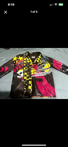 Maison Noir Moto Racing Graphic Faux Leather Zip Jacket Black Yellow Pink Sz S - product listing photo
