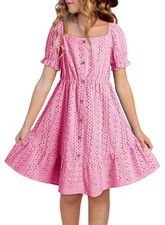 Girls Dress Summer Short Sleeve Casual Puff Sleeve A-line Button 8-9 Years Pink