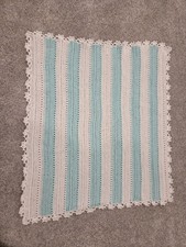 Handmade Crochet Striped White Light Blue Yarn Crib Blanket for Nursery Bedroom