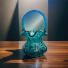 Vintage Rare Fenton Teal Blue Coin Dot Basket 7 3/4” Beautiful Glass