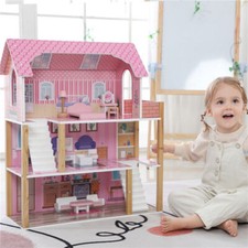Wooden Kids 3 Storey Doll House With Furniture Accessories Mansion Playhouse Toy
