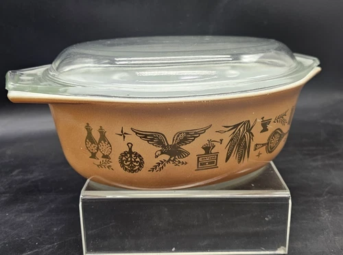 Pyrex 043 1-1/2 Quart Casserole Dish Brown Gold Americana W/ Lid ~A3 Vtg