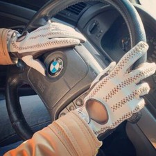 Brown  White Handmade Women's Driving Napa Leather Gloves
