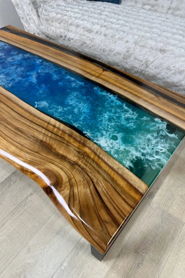 Walnut Wood River Coffee Table with Blue Resin | Handmade Epoxy River Table | Cu - Image 4 of 4