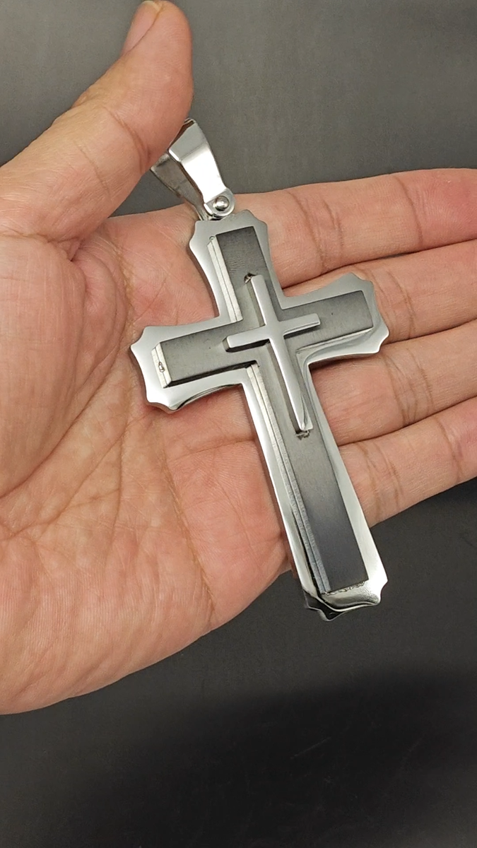 Cross Necklace For Men Women Stainless Steel Crucifix Pendant Silver Cuban Chain - View #3