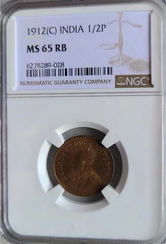 India 1/2 Pice 1912C NGC MS 65 RB