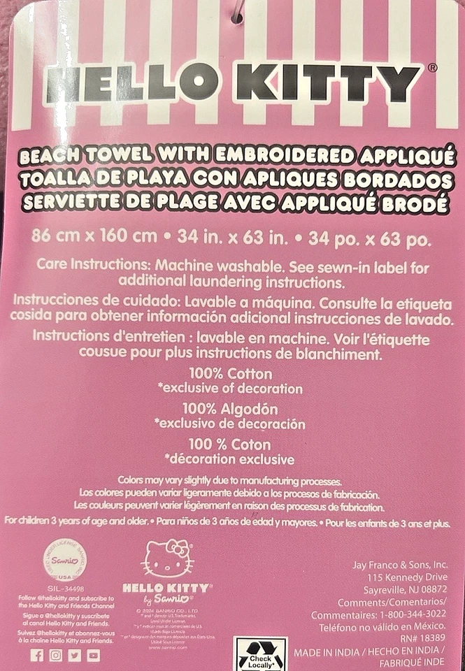 Hello Kitty Pink Beach Towel 34x63 Sanrio 100% Cotton Embroidered Girls Gift - Image 2 of 2