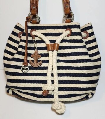 BRIGHTON SEA SIDE SURF NAVY STRIPED, ANCHOR CHARM NAUTICAL BUCKETBAG MINT $290 