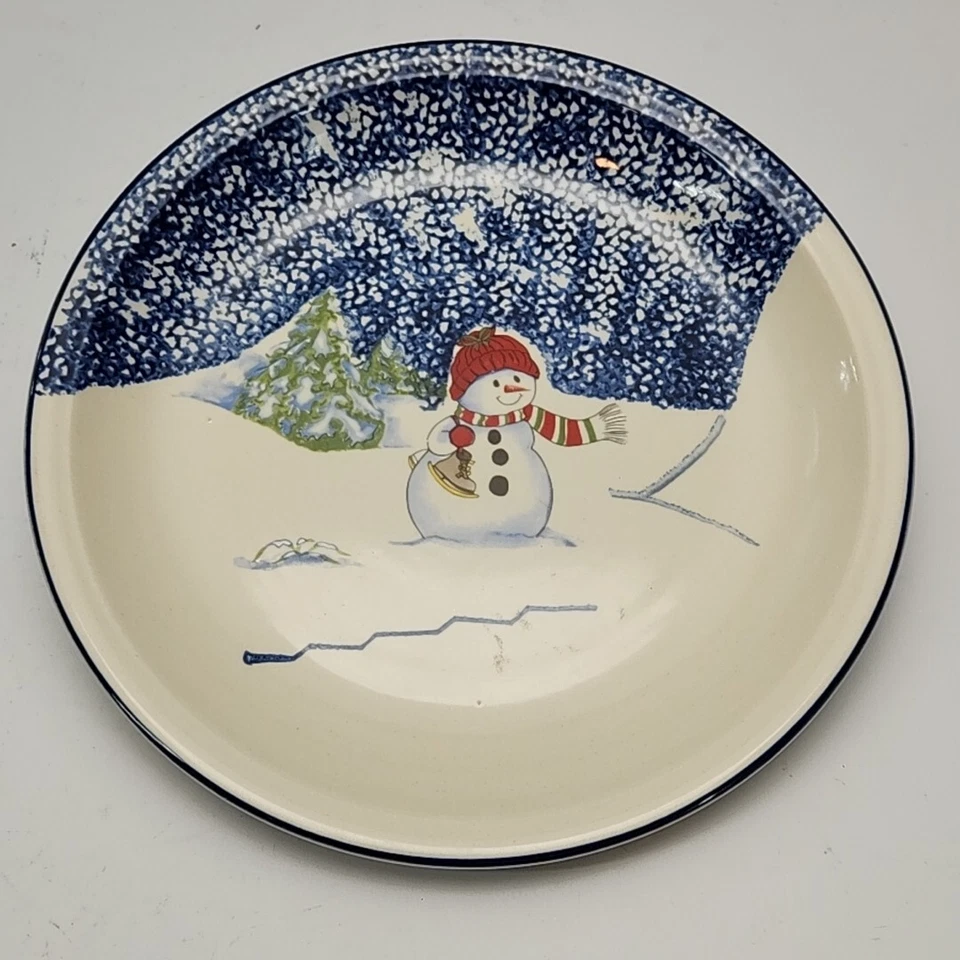 Plato de muñeco de nieve de cerámica Thomson 12,5” bandeja de plato azul redondo Navidad de invierno Foto 3 de 4