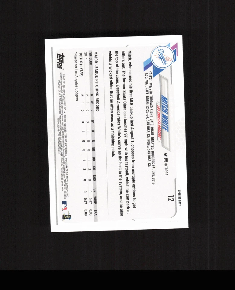 2021 Topps #270 Mitch White ROOKIE CARD Los Angeles Dodgers - Image 2 of 2