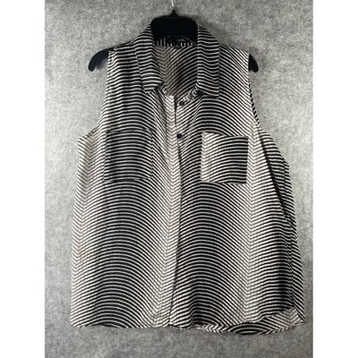 Notations Womens Black White Wave Stripe Sleeveless Button Down Blouse Size M