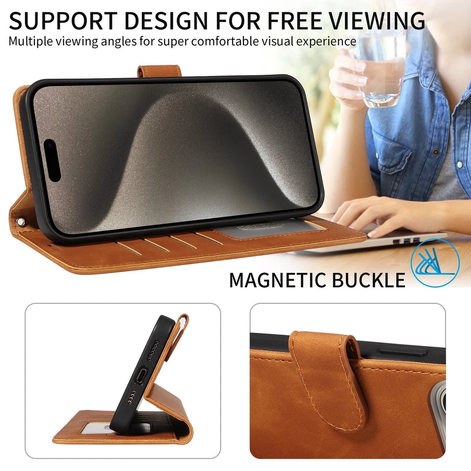 Leather Case For iPhone 16 15 14 13 12 Pro Wallet Phone Cover+Tempered Glass - Image 4 of 4