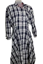 Toni Todd Women Maxi Shirt Dress Blue White Plaid Button Up Western Cowgirl Read